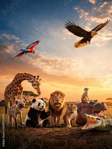 Animal World Panorama with Safari Rainforest and Wetland Species Together