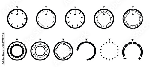 Photos Rotary dial control scale, sound interface and circle button volume adjustment or music player UI