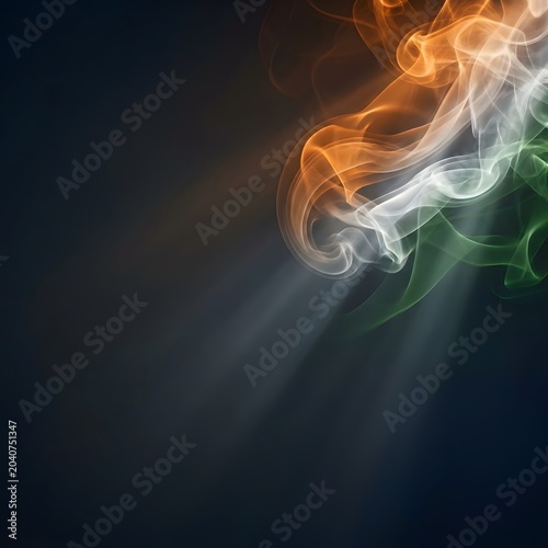 Abstract Indian Flag smoke art. Vibrant saffron, white, and green wisps flow on a dark background, subtly lit. Symbolizing national pride, independence, and modern digital design.