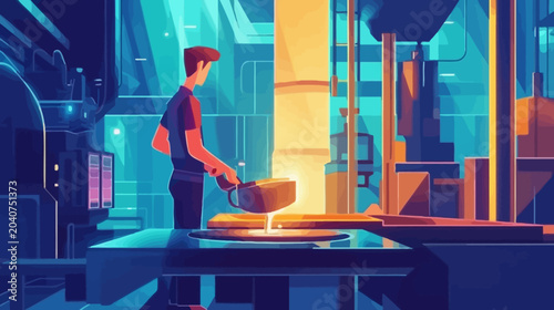 A modern, vibrant kitchen scene with a person pouring batter