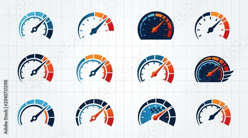 Collection of various analog and digital speedometers and gauges