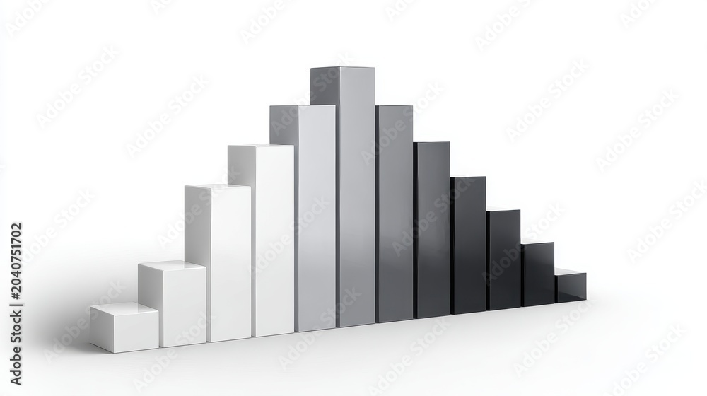 Fototapeta premium A bar chart with shadows, 3D effect, professional style, grey and white tones, isolated on white background.