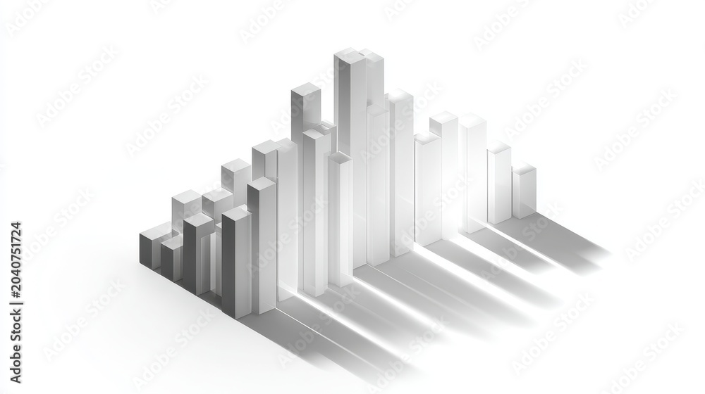 Fototapeta premium A bar chart with shadows, 3D effect, professional style, grey and white tones, isolated on white background.