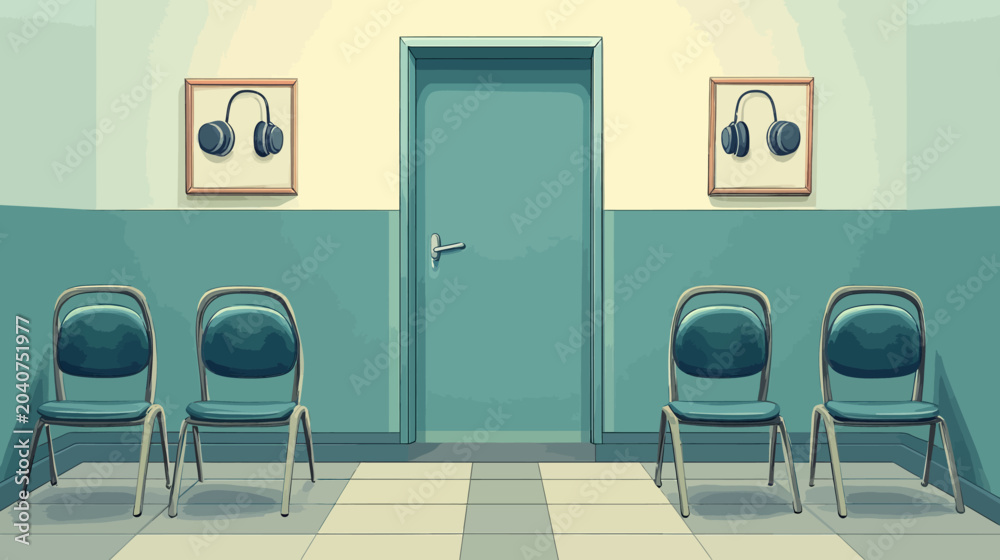 Fototapeta premium Hospital waiting room with chairs, headphones on wall, door center