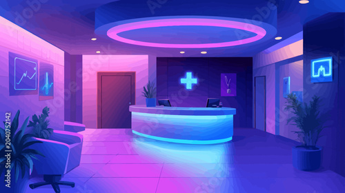 Modern hospital reception area with neon blue and pink lighting