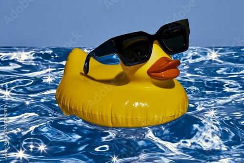 Stylish sunglasses placed on inflatable yellow duck in a bright swimming pool