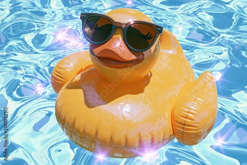 Stylish sunglasses placed on inflatable yellow duck in a bright swimming pool