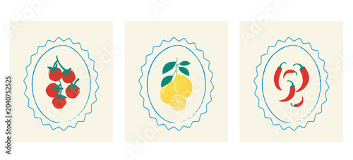 Mediterranean food label collection with tomatoes lemons and chili peppers flat vector illustration set