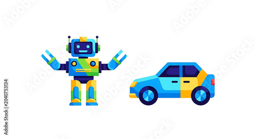 Blue and yellow airplane and car, flat