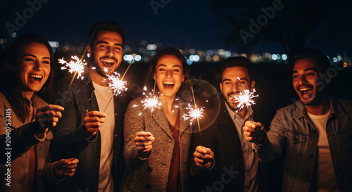 Joyful Group of Diverse Friends Celebrating with Glowing Sparklers at Night, Laughing Together
