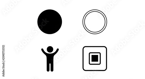 Black silhouette of a person, white circle, and white square on a white background