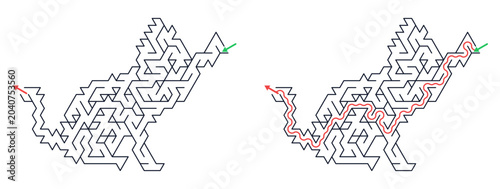 Cat-shaped maze design with solved path illustration  