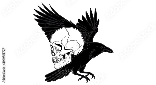 Canvas Print Mysterious Crow Carrying Human Skull with Wings Spread - Dark Art Illustration