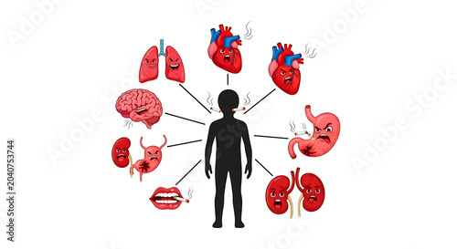 Black silhouette businessman surrounded by red heart-shaped balloons on strings suit