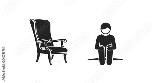 Black silhouette of a person sitting on a chair and holding a briefcase