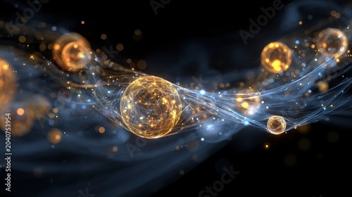 Glowing orange spheres connected by blue lines on a dark background with bokeh lights