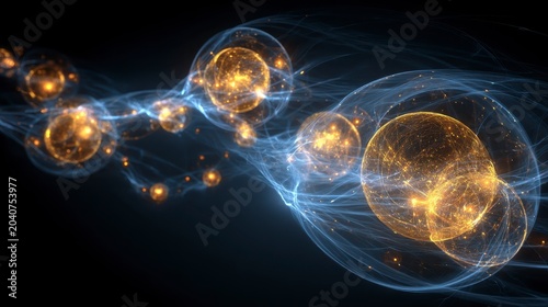 Glowing orange spheres connected by blue lines on a dark background with bokeh lights