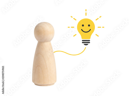 Wooden Figure Connected to a Smiling Idea Light Bulb