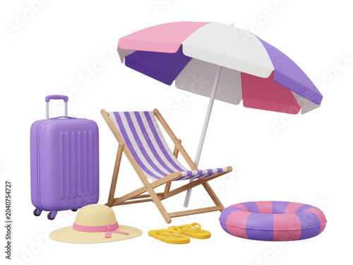 3D Rendered Summer Beach Vacation Essentials Including Purple Suitcase and Striped Umbrella