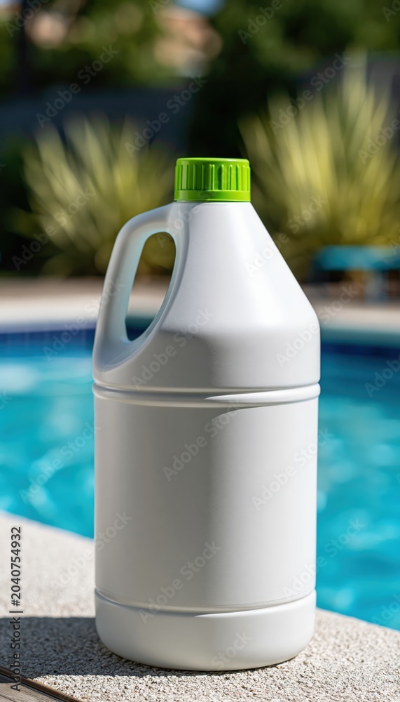 Obraz premium Blank white plastic jug with green cap on poolside surface