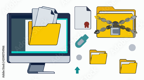 Data security and computer folder backup flat vector icon set featuring secured documents with chain and padlock