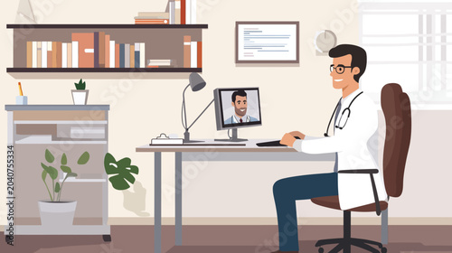 Doctor with stethoscope on desk engaging in telemedicine