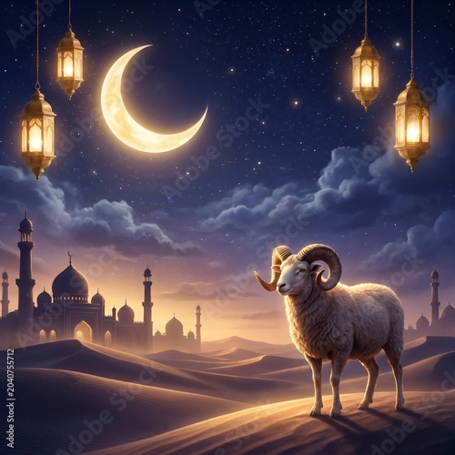 Elegant Eid al Adha Mubarak Greeting Design with Desert Mosque Lanterns and Sacred Sheep Symbol
