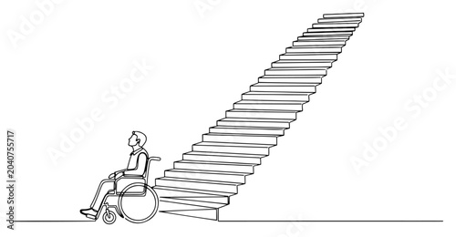 Bild auf Leinwand Man in a wheelchair facing a long steep staircase symbolizing social obstacles a