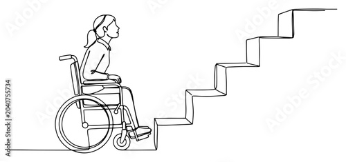Foto Woman in a wheelchair looking at steps representing accessibility barriers and p
