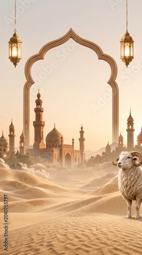 Eid al Adha Celebration with Sheep Crescent Moon and Majestic Mosque in Desert Landscape at Night