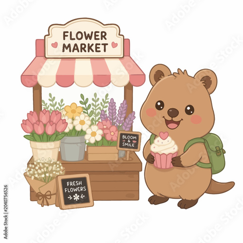 Fotografie Cute Quokka at Flower Market with Cupcake