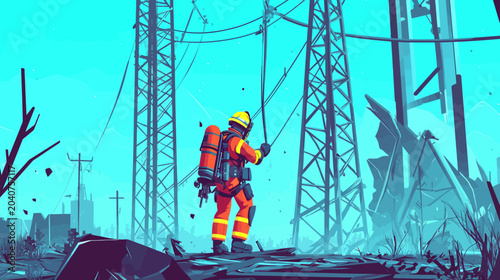 Firefighter inspecting electrical towers amidst damaged area
