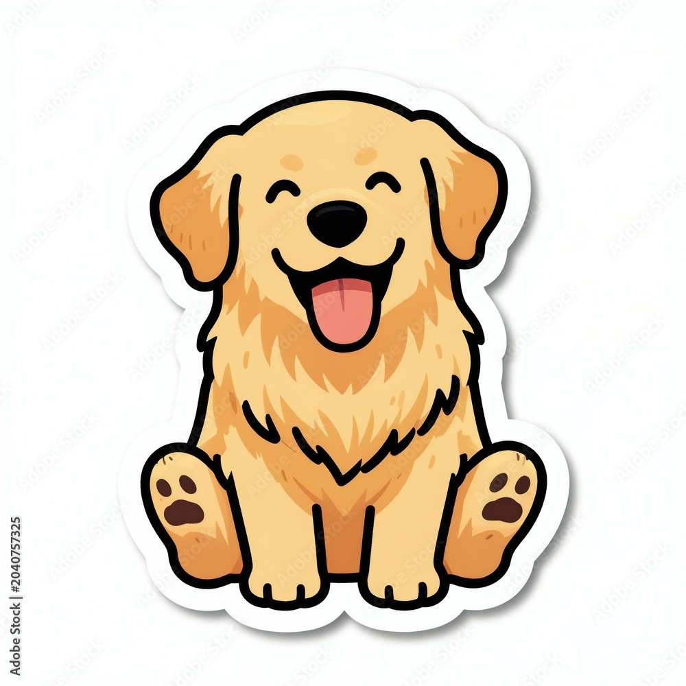 Fototapeta premium Cute cartoon golden retriever dog sits happily. Small playful puppy wears sticker design. This adorable pet illustration features bright cheerful expression and friendly looking eyes and tongue.