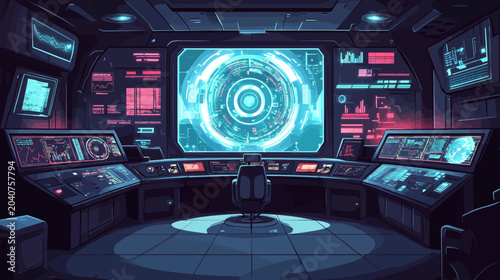 Futuristic spaceship cockpit with digital interfaces and a holographic display