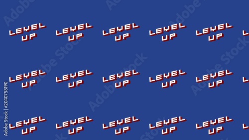 Animated Level Up text with isometric 3D effect and shadow on blue . Bold yellow and red gaming typography creates achievement notification. For game UI, progress indicators.

