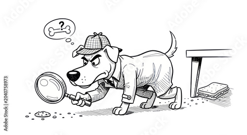 Foto Cartoon Detective Dog Investigating with Magnifying Glass, Searching for Bone