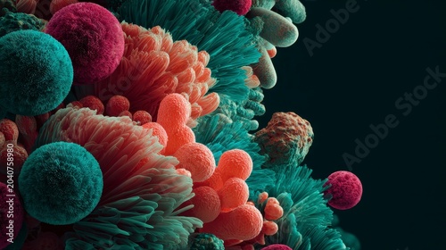 Colorful microscopic view of various cells and microorganisms on dark background