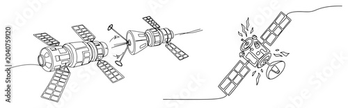 Foto Spacecraft docking maneuver and satellite in orbit depicted in continuous one li