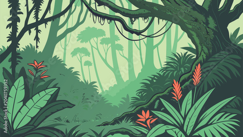 Schilderij op canvas Nature landscape vector illustrations set featuring tropical jungle foliage, und