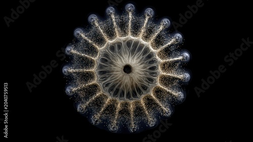 Microscopic view of a glowing microorganism on a black background with detailed structure