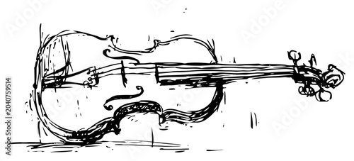Photos Violin musical instrument showing body and neck details in hand drawn sketch sty