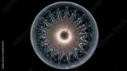 Microscopic view of a glowing microorganism on a black background with detailed structure