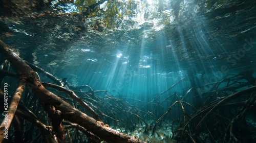 Underwater view of mangrove roots and leaves in clear blue water with sunlight filtering through