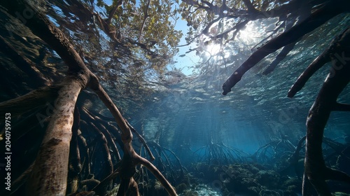 Underwater view of mangrove roots and leaves in clear blue water with sunlight filtering through