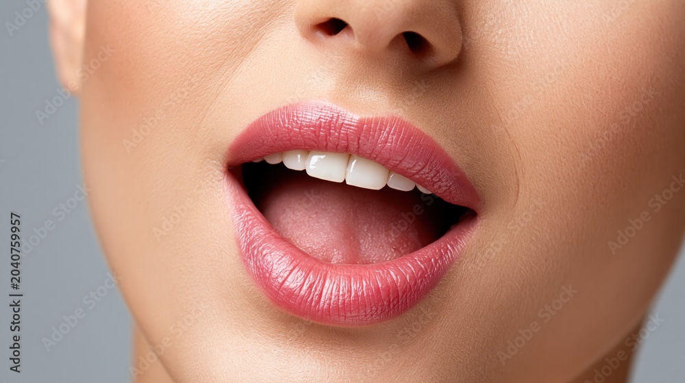 Obraz premium Close up of a woman's open mouth with pink lipstick and white teeth