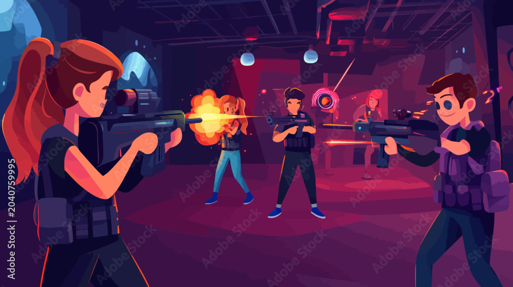 Fototapeta premium Animated characters engaged in a laser tag game in a vibrant, futuristic indoor setting