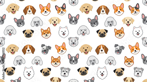 Foto Cute Dog Faces Pattern - Assorted Breeds, Cartoon Style, White Background
