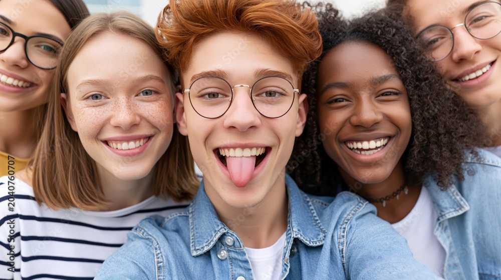 Fototapeta premium Diverse group of young friends taking a fun selfie together, smiling and laughing