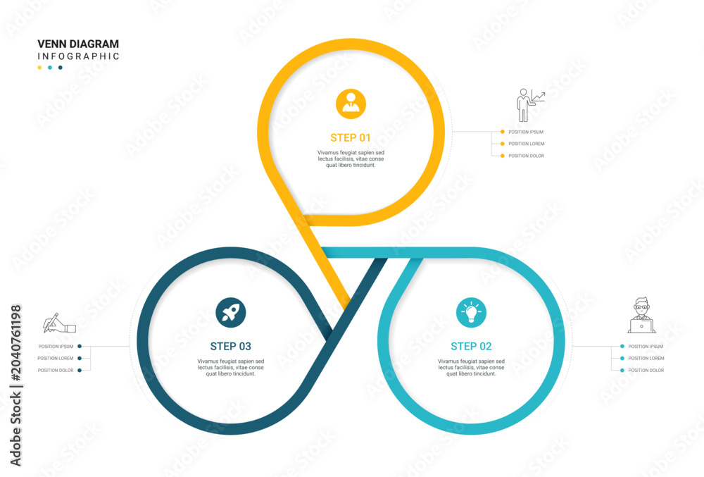 Fototapeta premium 3 Step Venn diagram infographic template background. Triangle loops with icons for business presentation.