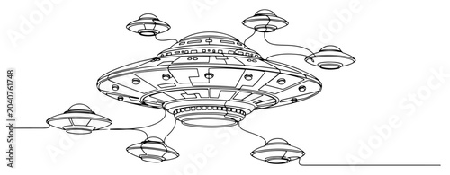 Tablou pe pânză Mothership UFO connected to smaller flying saucers flying together in continuous